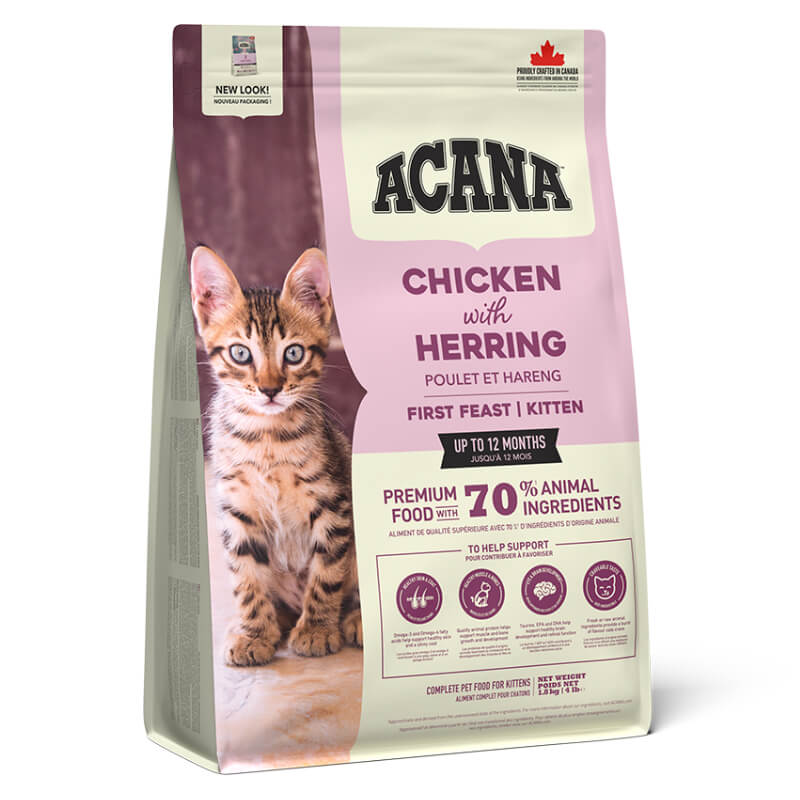 Acana First Feast Kitten food bag with a tabby kitten on a pink and beige background.