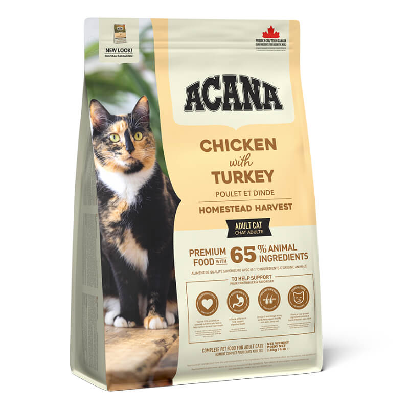 Acana Homestead Harvest Cat: protein-rich chicken & turkey recipe cat food.