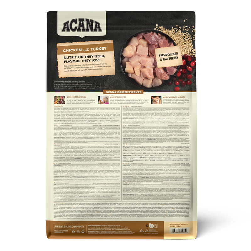 Back of Acana Homestead Harvest Cat bag, showing ingredients and nutrition info.