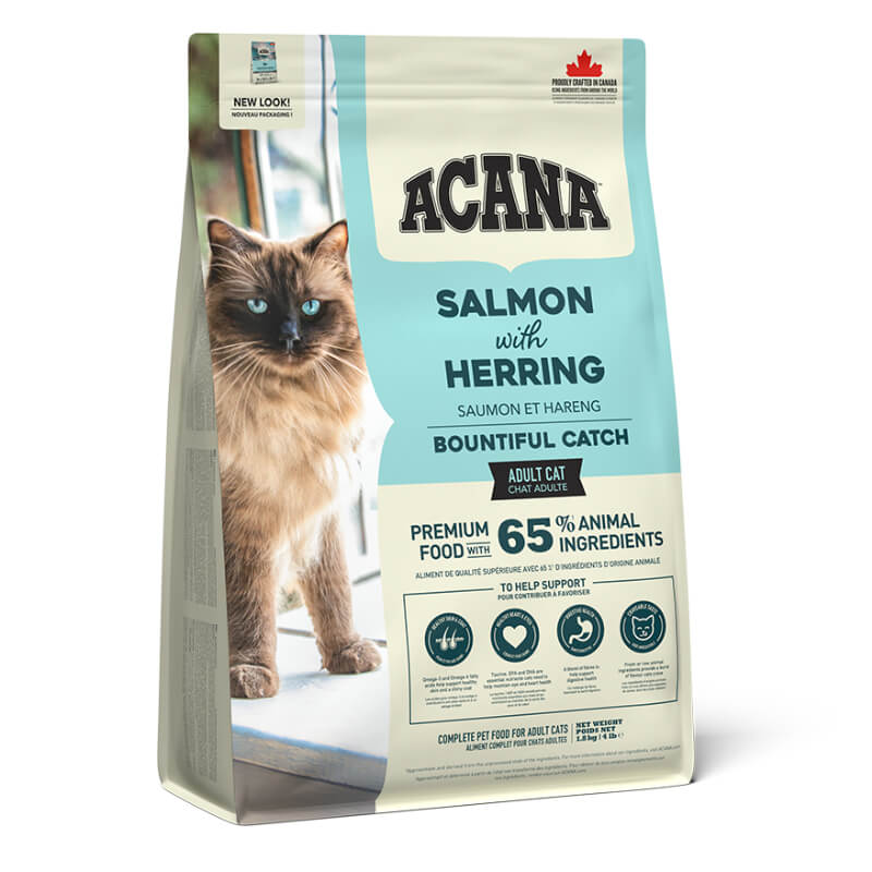 Acana Bountiful Catch Cat food with wild-caught salmon, shown with a fluffy cat.