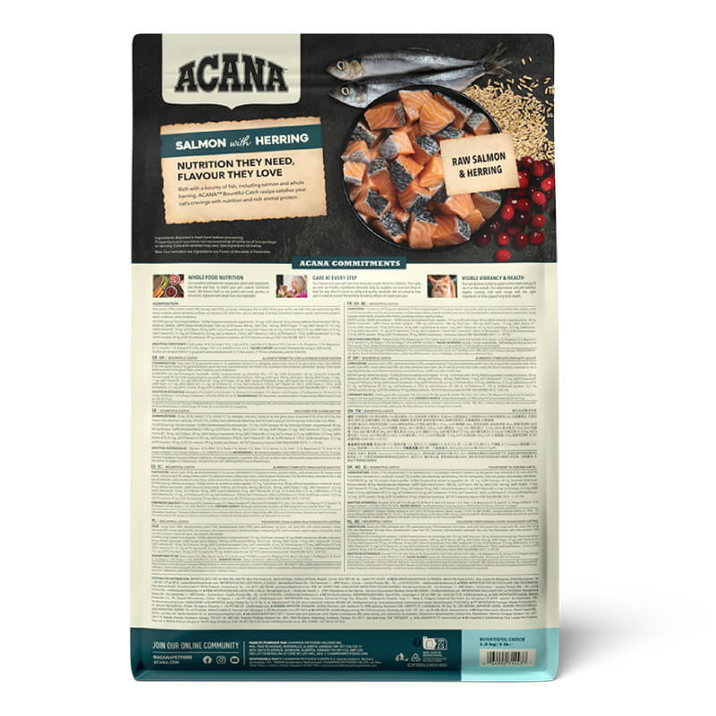 Acana Bountiful Catch Cat food bag with fish and cranberry ingredients on the back.