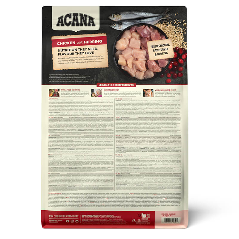 Acana Indoor Entrée Cat food bag for weight control with ingredients and nutrition details shown.