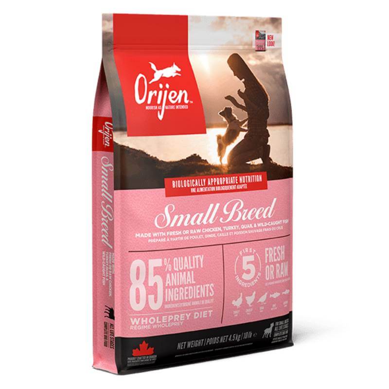 Orijen Small Breed Dog food bag featuring a person and small dog silhouette.