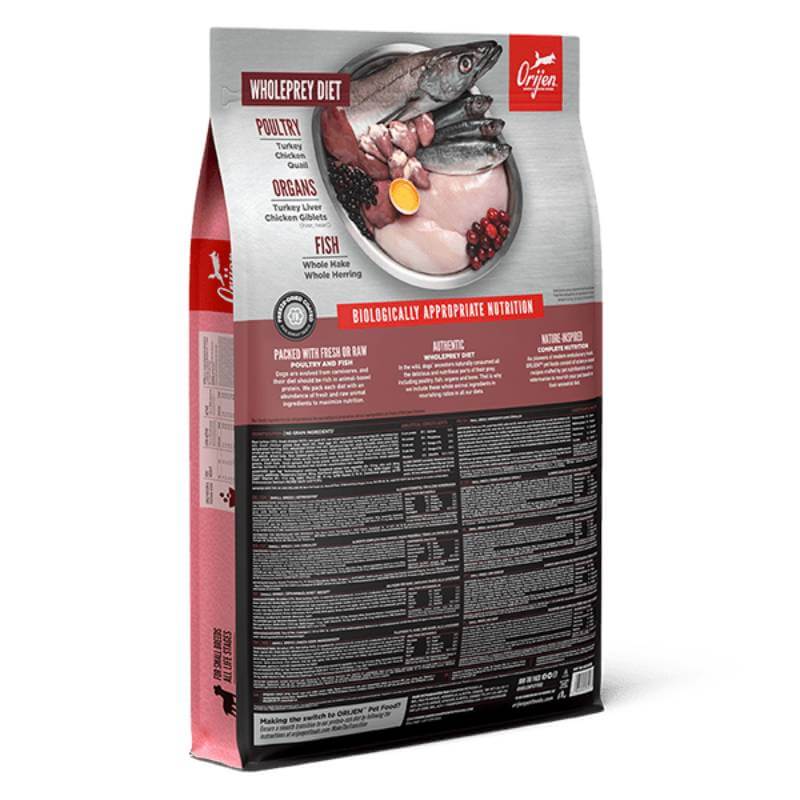 Orijen Small Breed Dog food bag featuring a person and small dog silhouette.