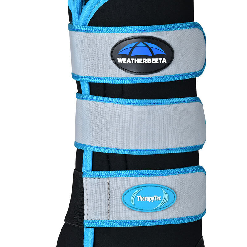 Close-up of Weatherbeeta Therapy-Tec Stable Boot Wraps Black/Blue for horse leg protection.