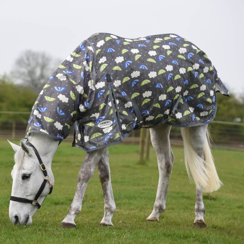 A white horse wears the Weatherbeeta Comfitec Essential Mesh II Combo Neck Umbrella Print fly rug.