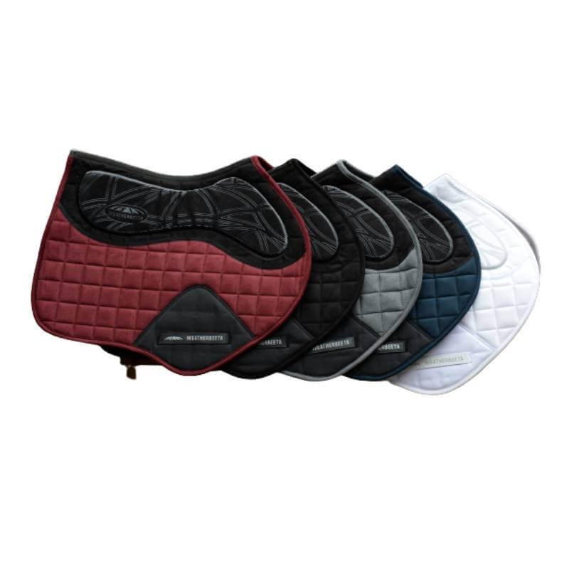 Six Weatherbeeta Ultra Grip Jump Saddle Pads Navy Full, fanned out in a colorful display.