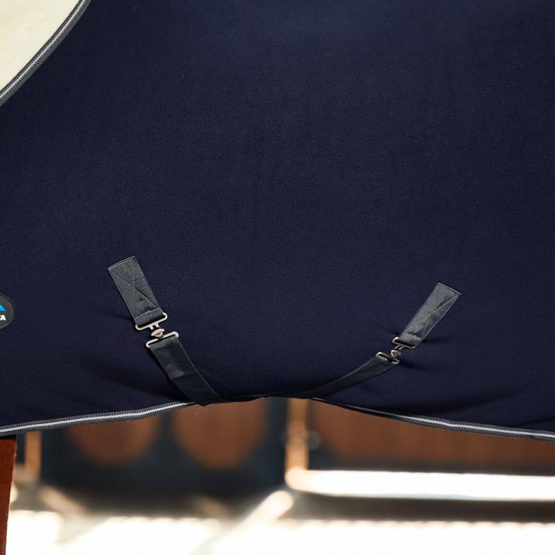 Close-up of a Weatherbeeta Sherpa Fleece Cooler Standard Neck in Navy/Charcoal, straps fastened.