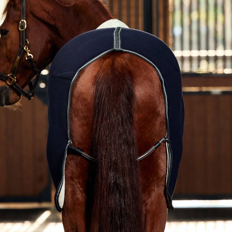 A horse in a stable wears a Weatherbeeta Sherpa Fleece Cooler Navy/Charcoal, shown from behind.