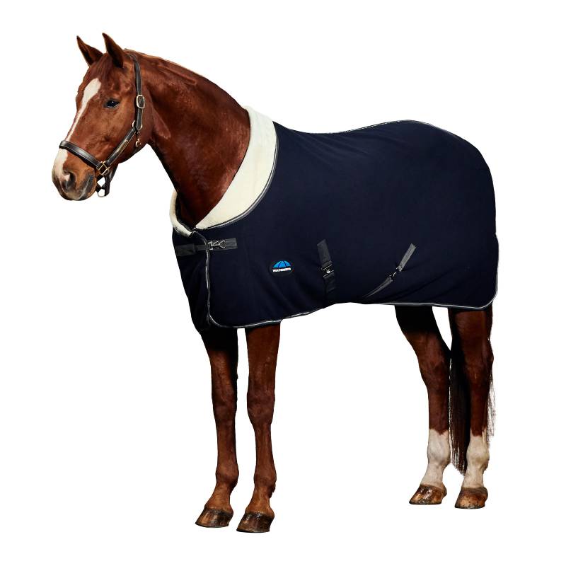 A brown horse wears a Weatherbeeta Sherpa Fleece Cooler in navy/charcoal on a white background.