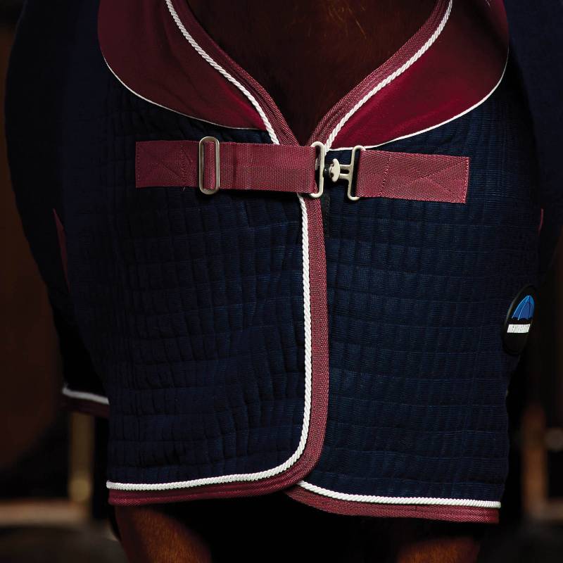 A close-up of a horse in a Weatherbeeta Thermocell Cooler Standard Neck Navy/Burgundy rug.