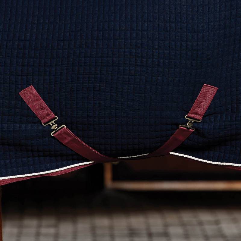 Close-up of maroon straps clipped to a Weatherbeeta Thermocell Cooler Navy/Burgundy rug.