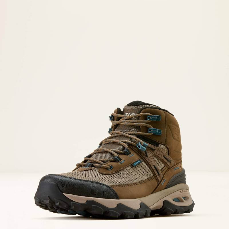 Ariat Womens Traverse Mid H2O Hiking Boot in Brown Bark with sturdy tread, shown on plain backdrop.