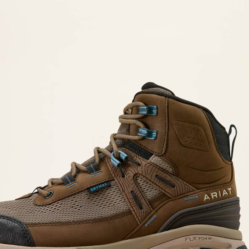 Ariat Womens Traverse Mid H2O Hiking Boot in Brown Bark with blue accents and black sole, side view.