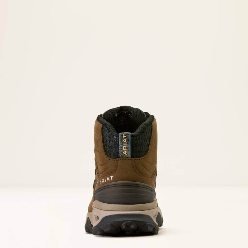 Ariat Womens Traverse Mid H2O boot in Brown Bark, shown from back with ARIAT heel label.