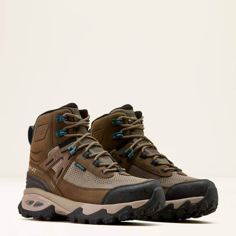 Ariat Womens Traverse Mid H2O Hiking Boot in Brown Bark with black soles and blue laces.