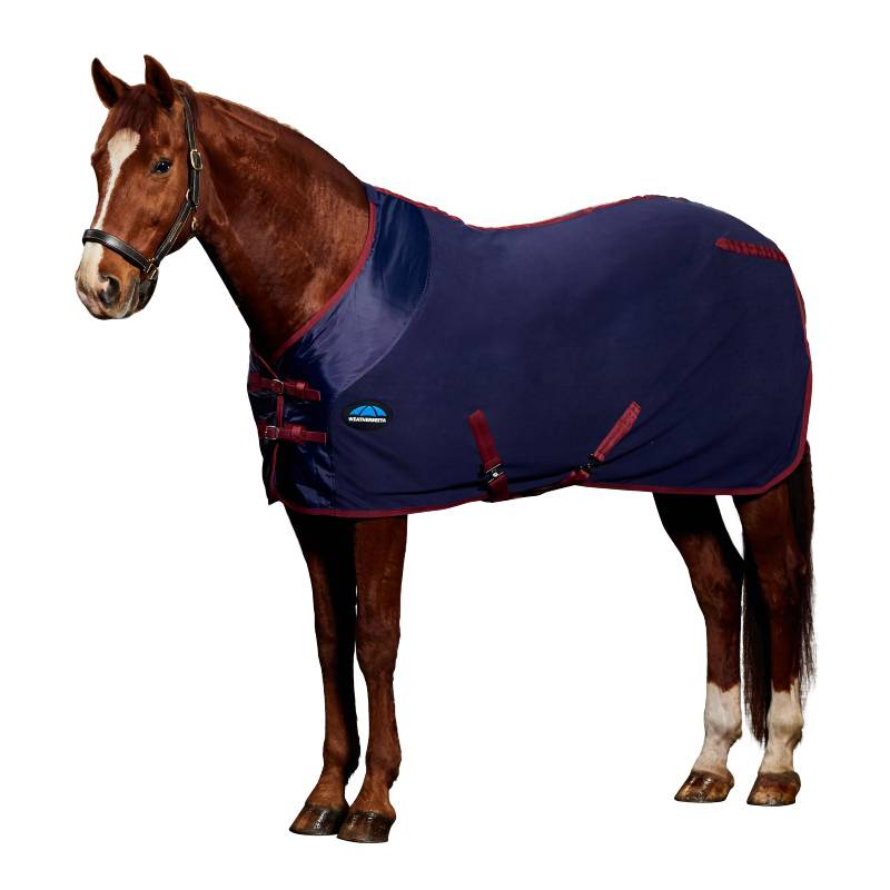 Brown horse in a Weatherbeeta Anti-Static Fleece Cooler Standard Neck Navy/Burgundy.
