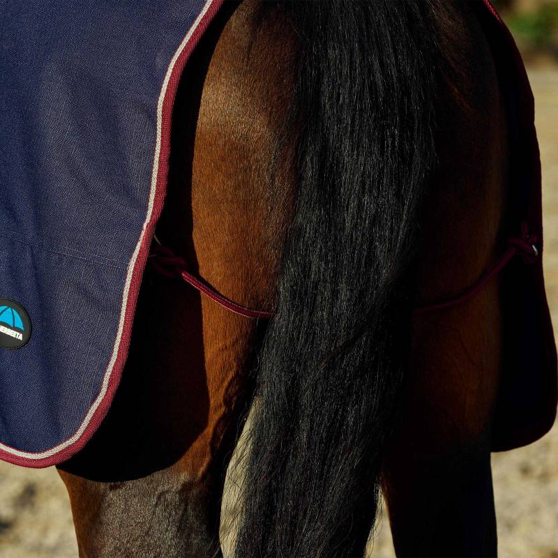 Brown horse in a Weatherbeeta Essential Navy/Burgundy quarter sheet, fleece-lined, rear view.