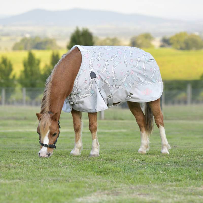 Weatherbeeta Saxon 600D Pony Lite Sea Unicorn print on pony standing on grass with hills behind.