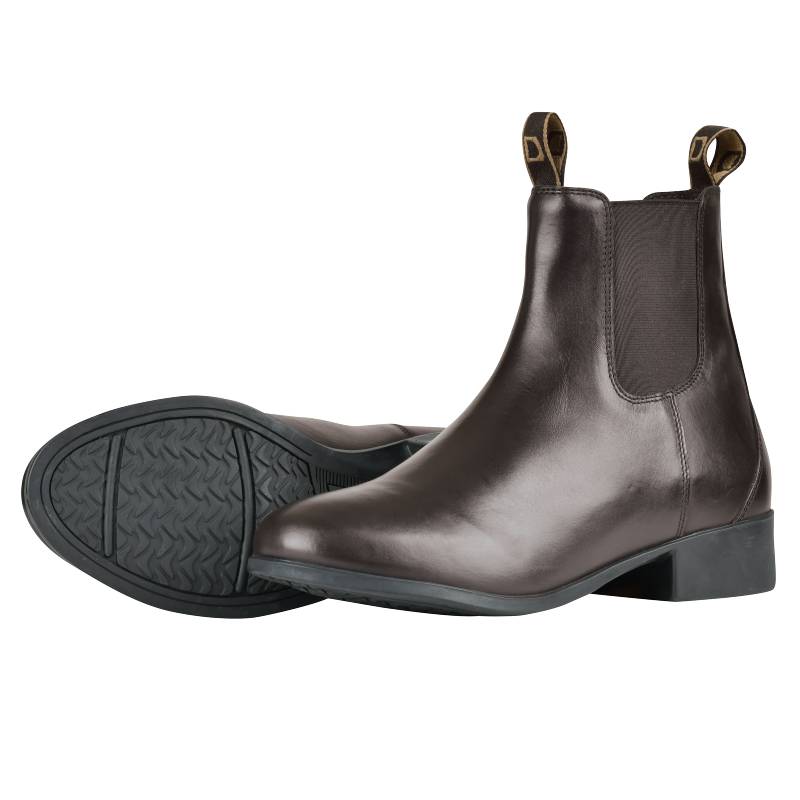 A pair of Dublin Foundation Jodhpur Boots II Brown Childs, one upright and one on its side.