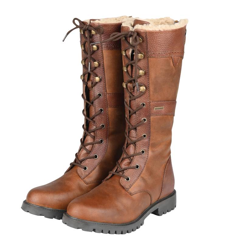 Dublin Yukon Boots Brown Adult: Brown knee-high boots with fur lining and rugged black soles.