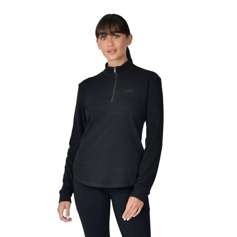 Woman in Weatherbeeta London Layer Long Sleeve Top Black Marle, by Weatherbeeta, against white.