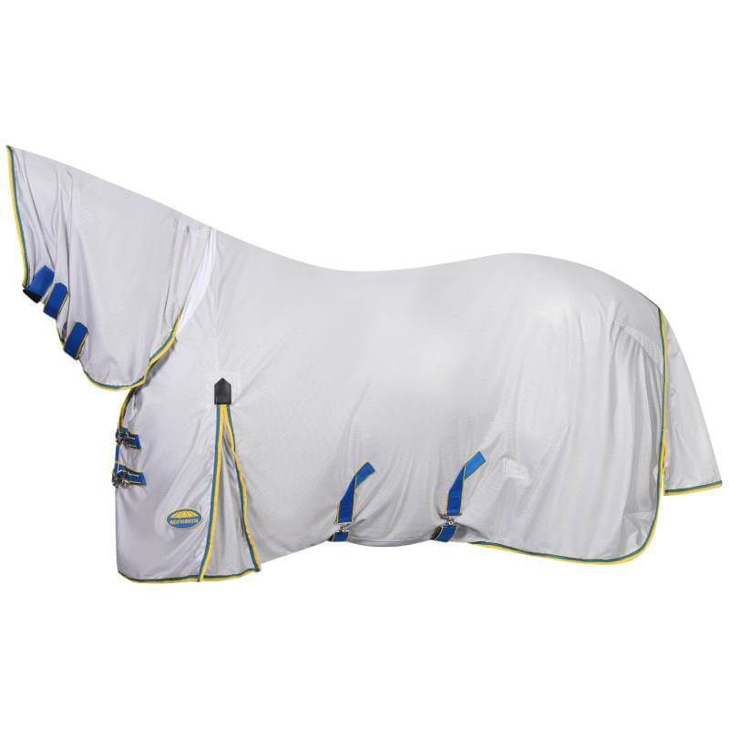 A horse in a Weatherbeeta Comfitec Zephyr Plus Mesh silver/blue/lemon fly rug for UV protection.
