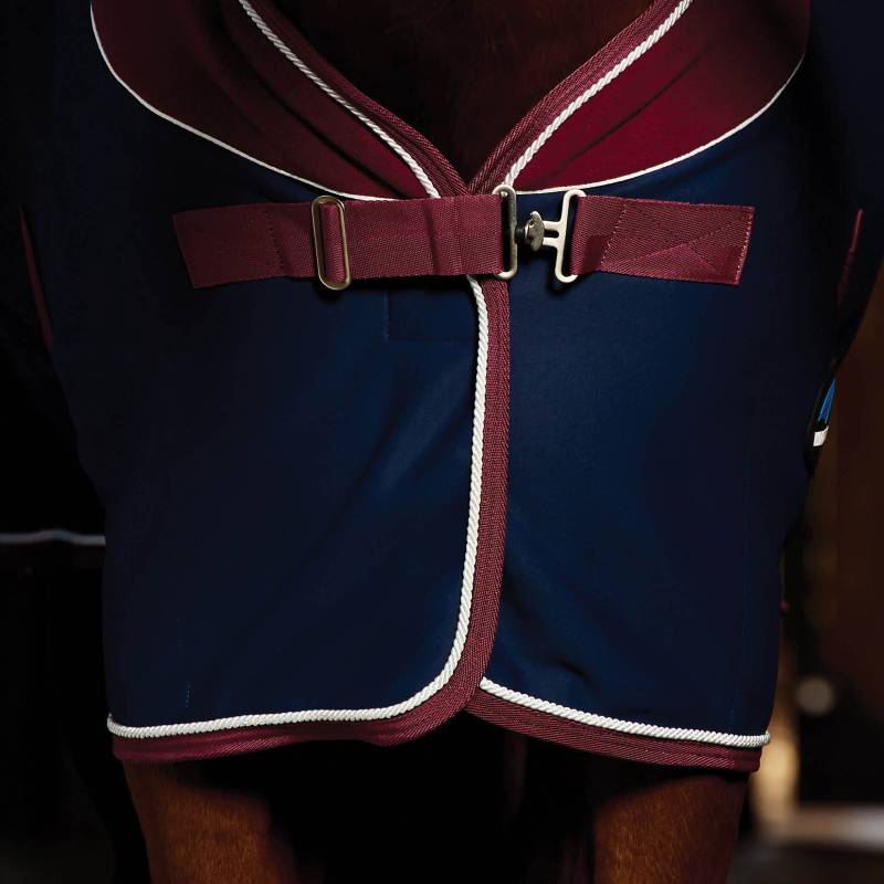 A brown horse in a Weatherbeeta Opulence Show Sheet Navy/Burgundy stands in a stable.