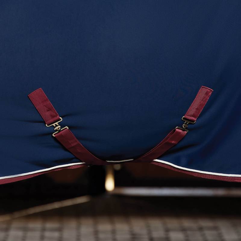 Close-up of burgundy straps on Weatherbeeta Opulence Show Sheet Standard Neck Navy/Burgundy.
