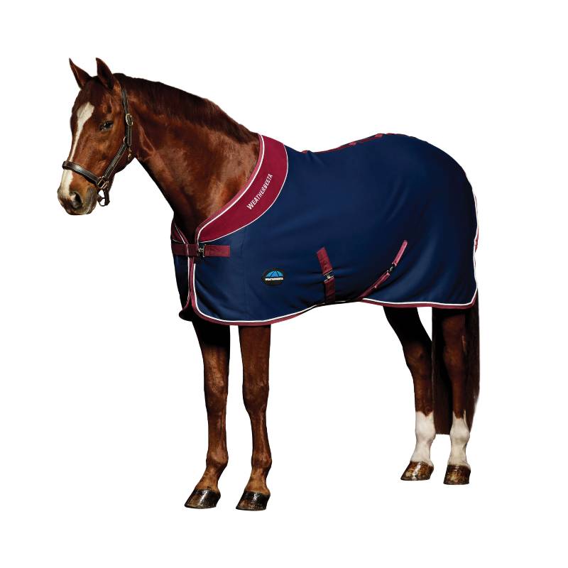 Brown horse in a Weatherbeeta Opulence Show Sheet Standard Neck Navy/Burgundy on white background.