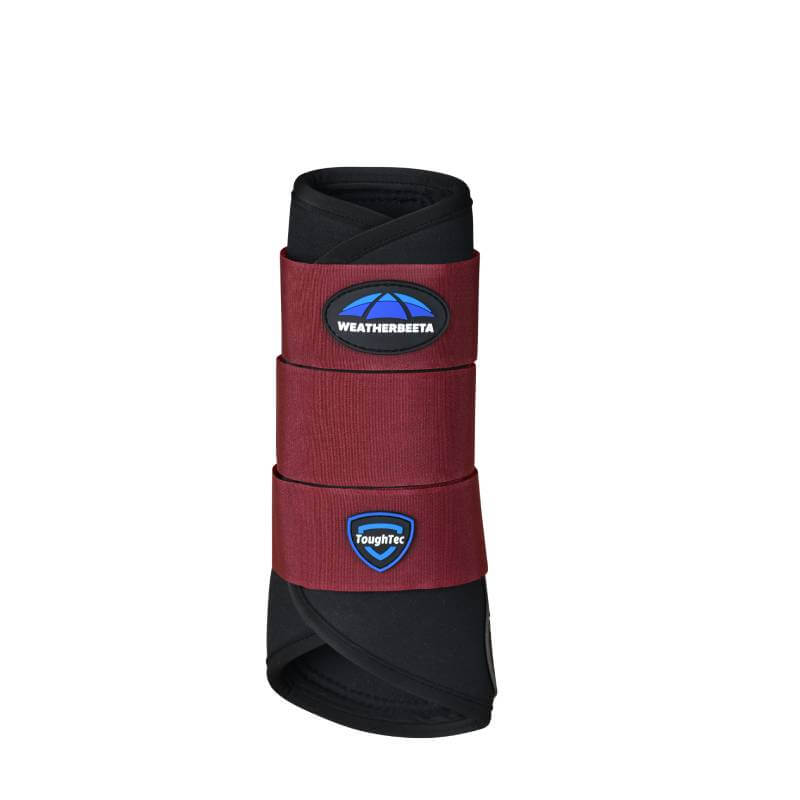 Weatherbeeta Tough-Tec Prime Brushing Boots in Black/Burgundy with logo and maroon straps.