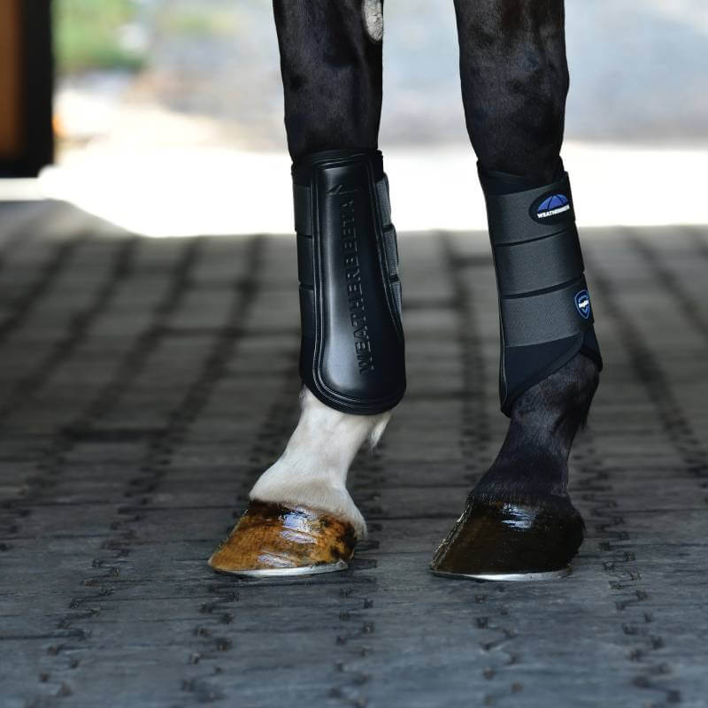 Close-up of a horse’s legs in Weatherbeeta Tough-Tec Prime Brushing Boots on a patterned floor.