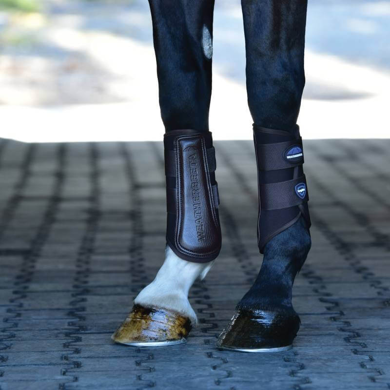 Weatherbeeta Tough-Tec Prime Brushing Boots in brown with Velcro straps and front logo.