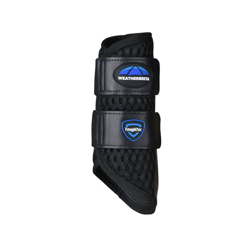 Weatherbeeta Tough-Tec Mesh Brushing Boots Black/Black with two straps and blue logo patches.