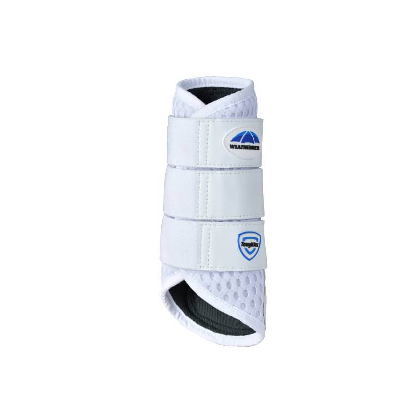 Close-up of horse legs in Weatherbeeta Tough-Tec Mesh Brushing Boots White/White on pavement.