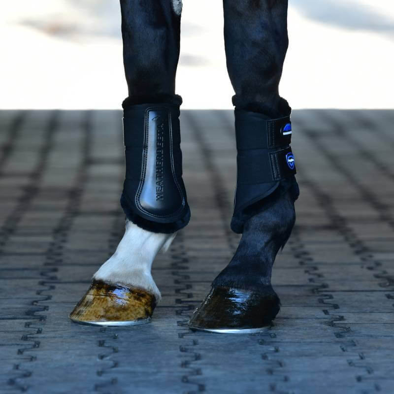Close-up of horse's legs in Weatherbeeta Tough-Tec Fleece Brushing Boots on a tiled surface.