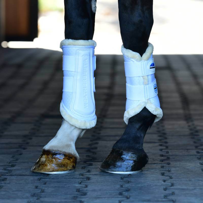 Weatherbeeta Tough-Tec Comfy Fleece Brushing Boots protect horse legs on paved surfaces.
