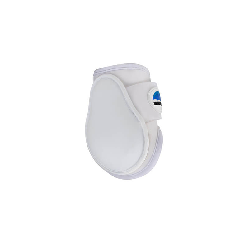 Weatherbeeta Tough-Tec Prime Fetlock Boots, white with strap, small blue logo for horse leg protection.