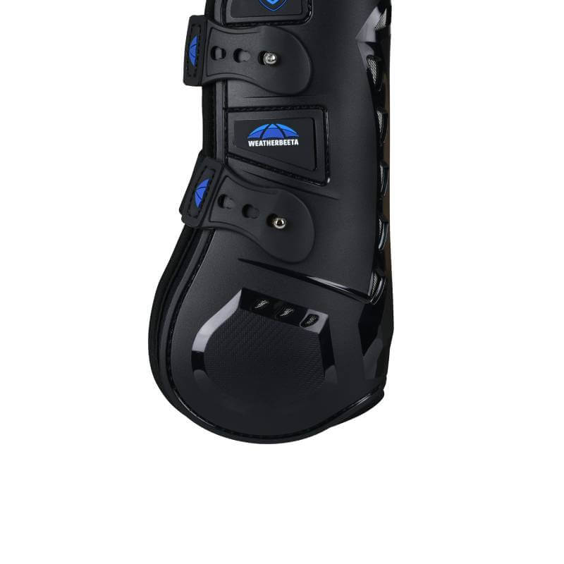 Weatherbeeta Tough-Tec Essential Open Front Boots—black with blue accents for tendon protection.