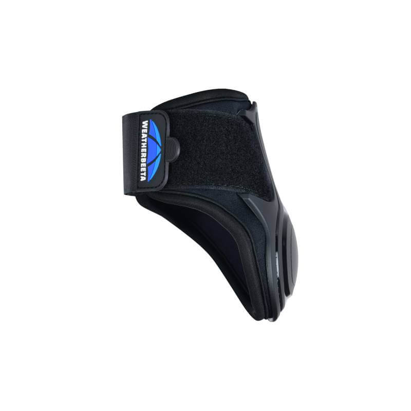 Close-up of Weatherbeeta Tough-Tec Essential Fetlock Boots Black on a horse on sand.