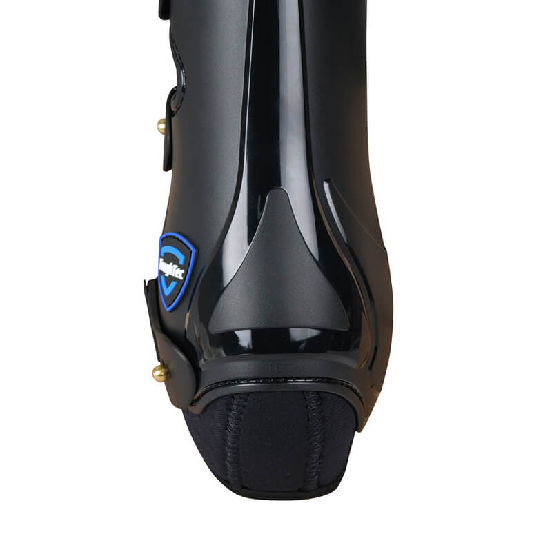 Weatherbeeta Tough-Tec Hard Shell Dressage Boots Black, front view with blue shield logo.