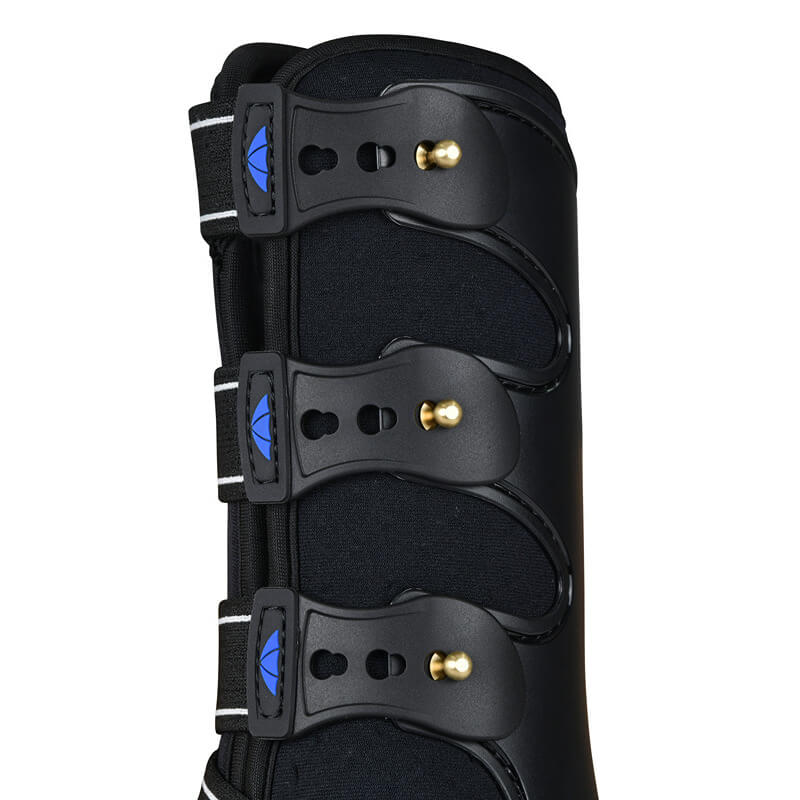 Close-up of Weatherbeeta Tough-Tec Hard Shell Dressage Boots in black with blue accents.