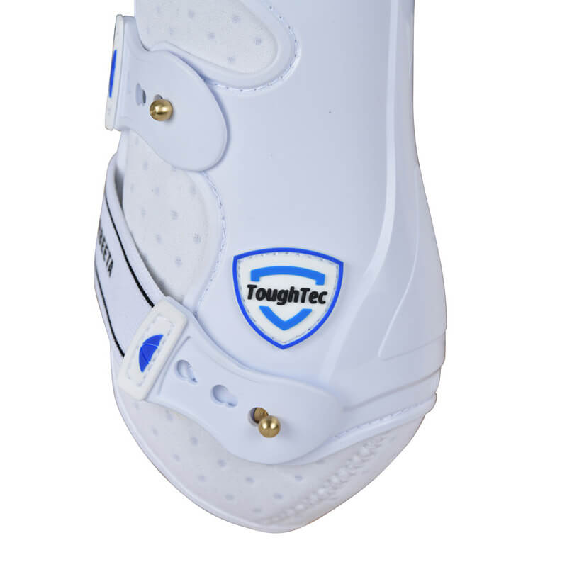 Close-up of Weatherbeeta Tough-Tec Hard Shell Dressage Boots White with blue accents and straps.
