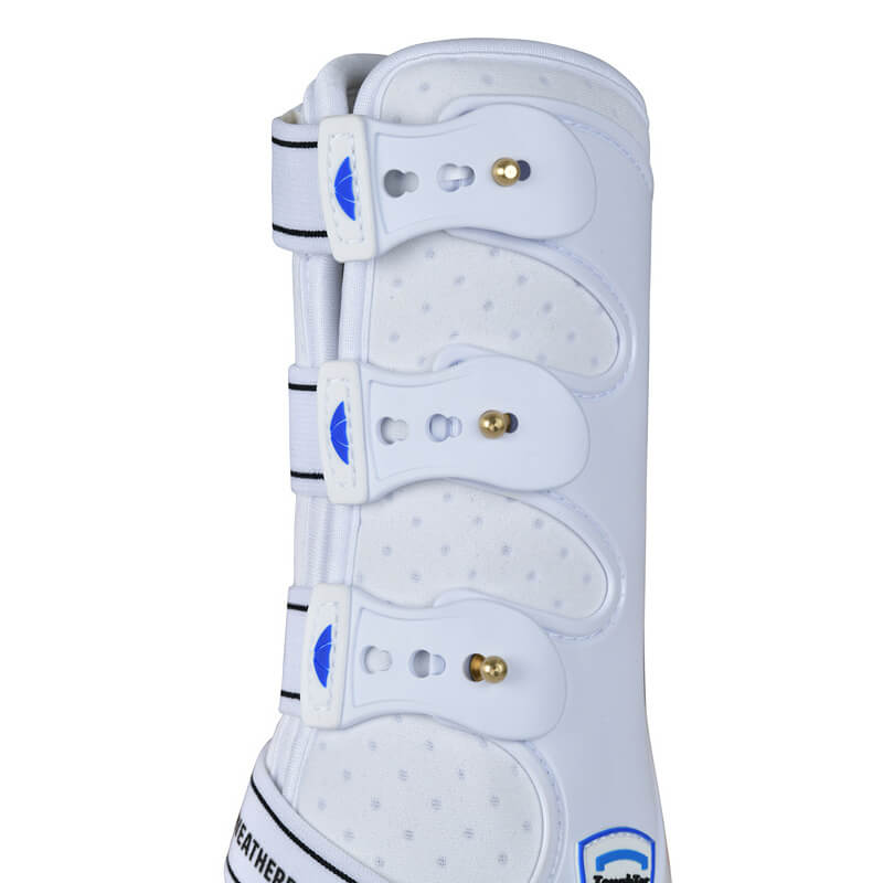 Weatherbeeta Tough-Tec White dressage boots with 3 straps, neoprene lining, blue logo.