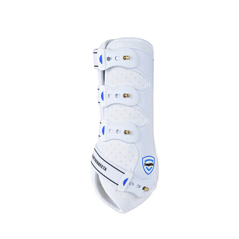 Weatherbeeta Tough-Tec Dressage Boots, white with blue details and neoprene lining.