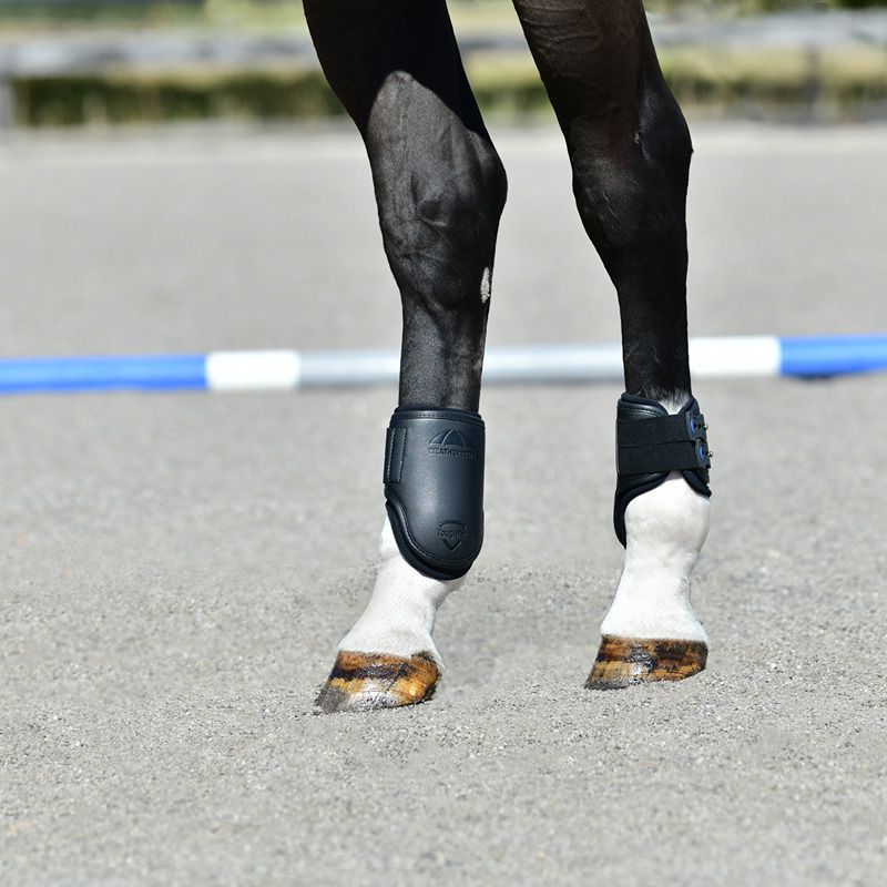 Weatherbeeta Tough-Tec Pro Hind Boots Black on horse's legs on a sandy surface.