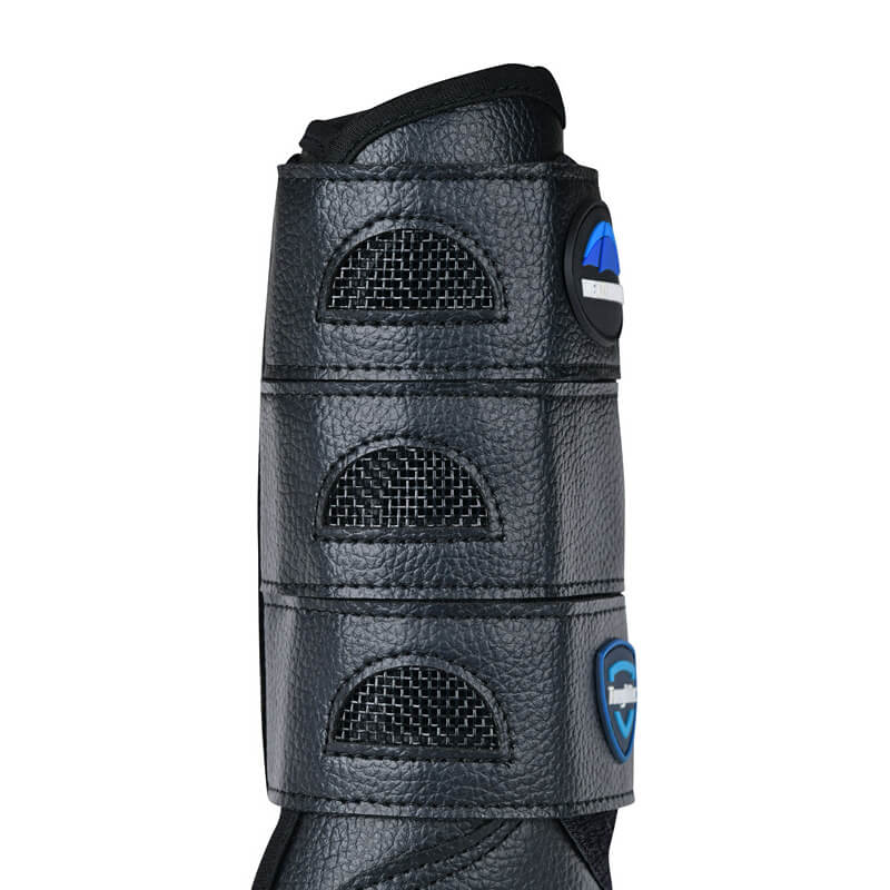 Weatherbeeta Tough-Tec Eventing Front Boots Black with mesh vents and blue shield logo.