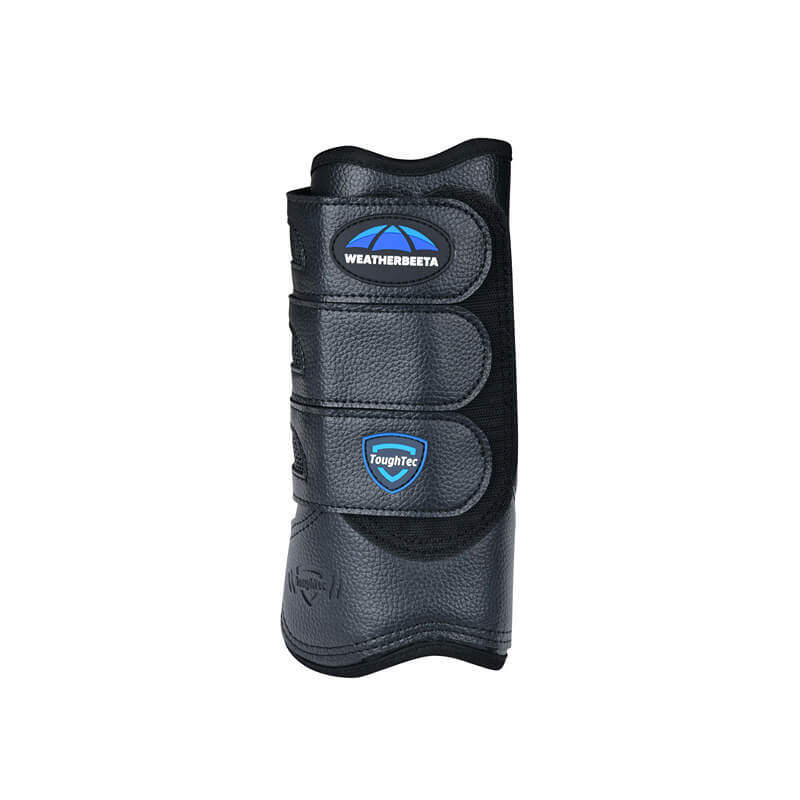 Weatherbeeta Tough-Tec Eventing Front Boots Black with Velcro straps and blue logos.