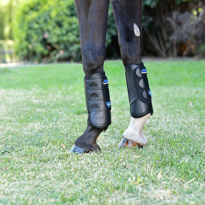 A horse wears Weatherbeeta Tough-Tec Eventing Front Boots Black standing on grass.