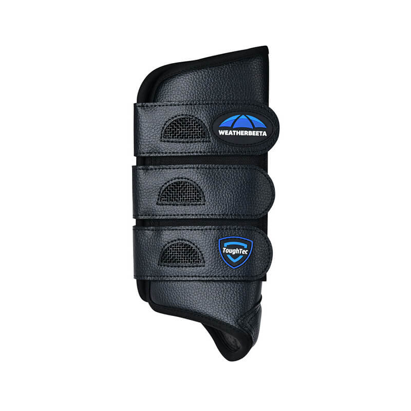 Weatherbeeta Tough-Tec Eventing Hind Boots Black with three straps and Weatherbeeta logo.